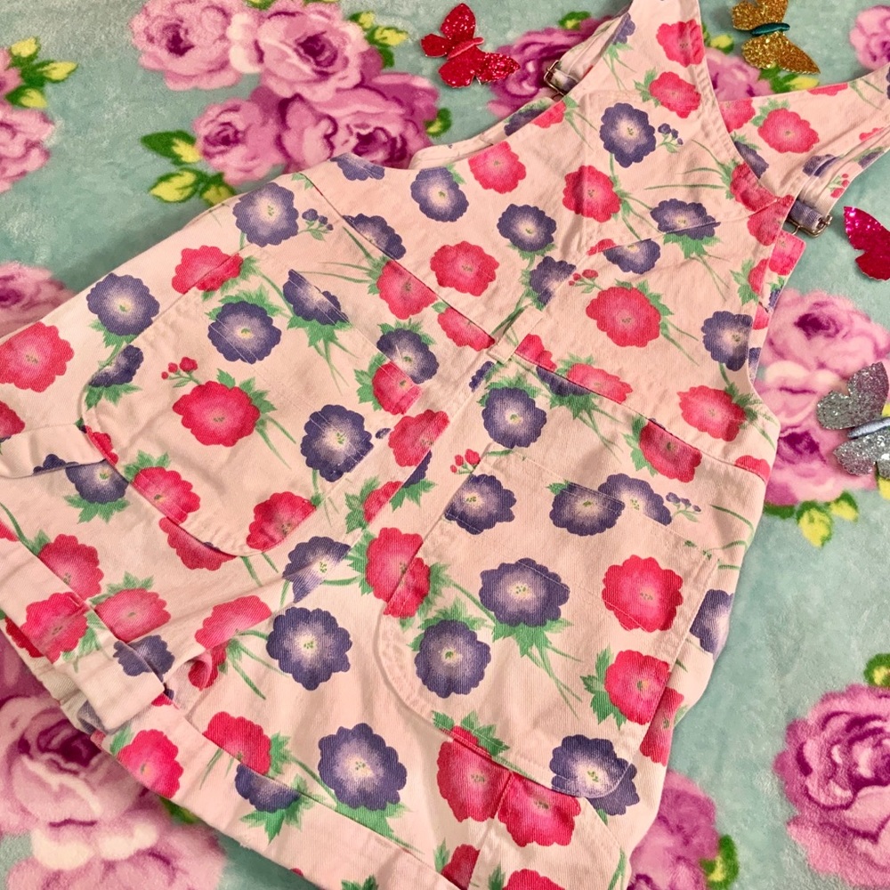 Vtg 90’s White Denim Overalls Pink Purple Flowers - Picture 5 of 9